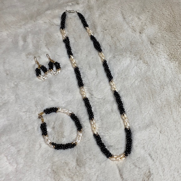 Seed Pearl Three Strand Necklace, Bracelet, Earring Set - Picture 2 of 6